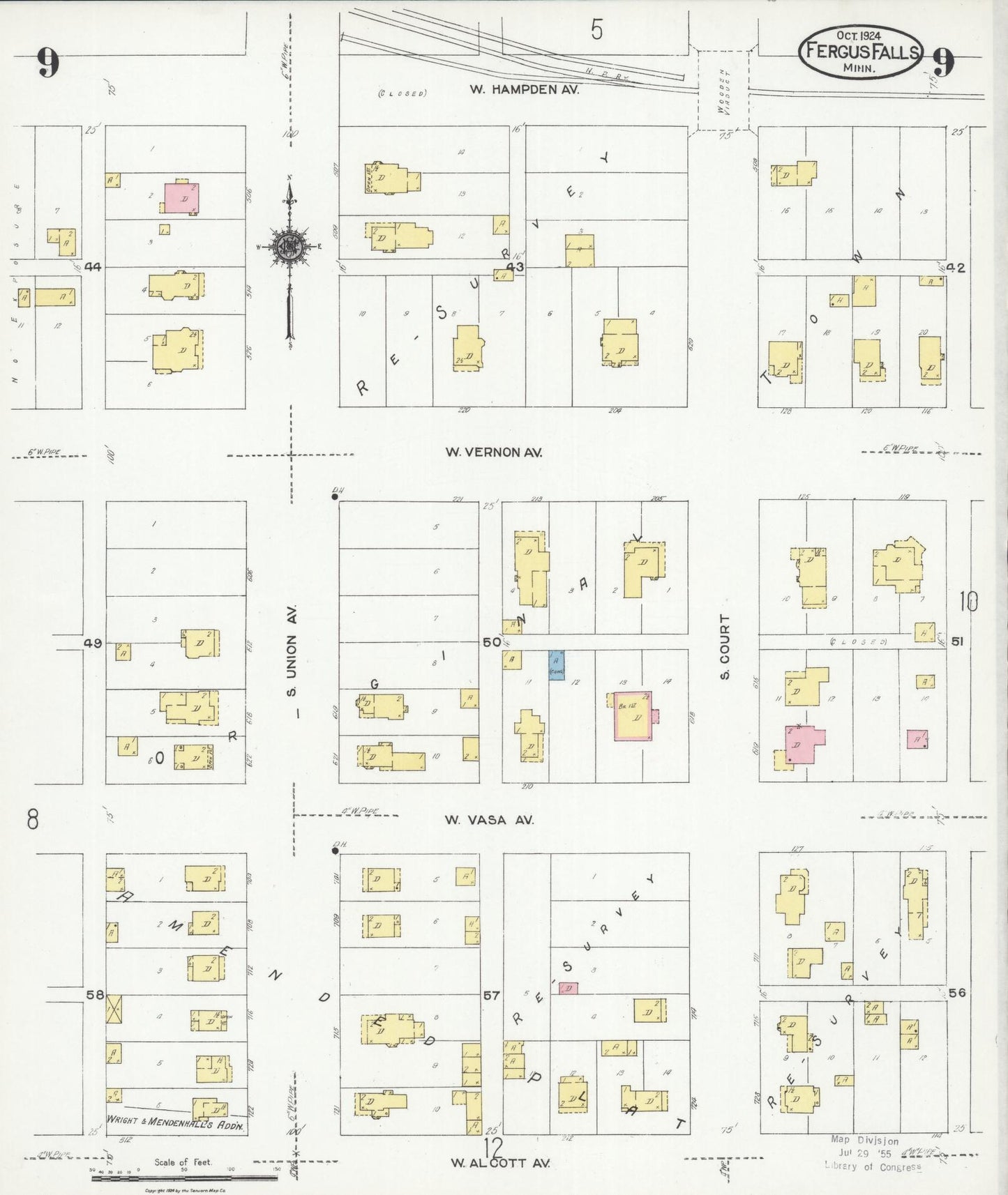Sanborn Fire Insurance Map from Fergus Falls, Otter Tail County, Minnesota (1924), Sheet #0009 - Historic Sanborn Fire Insurance Map Print, vintage old map wall art, antique decor, genealogy gift, Minnesota Minnesota map