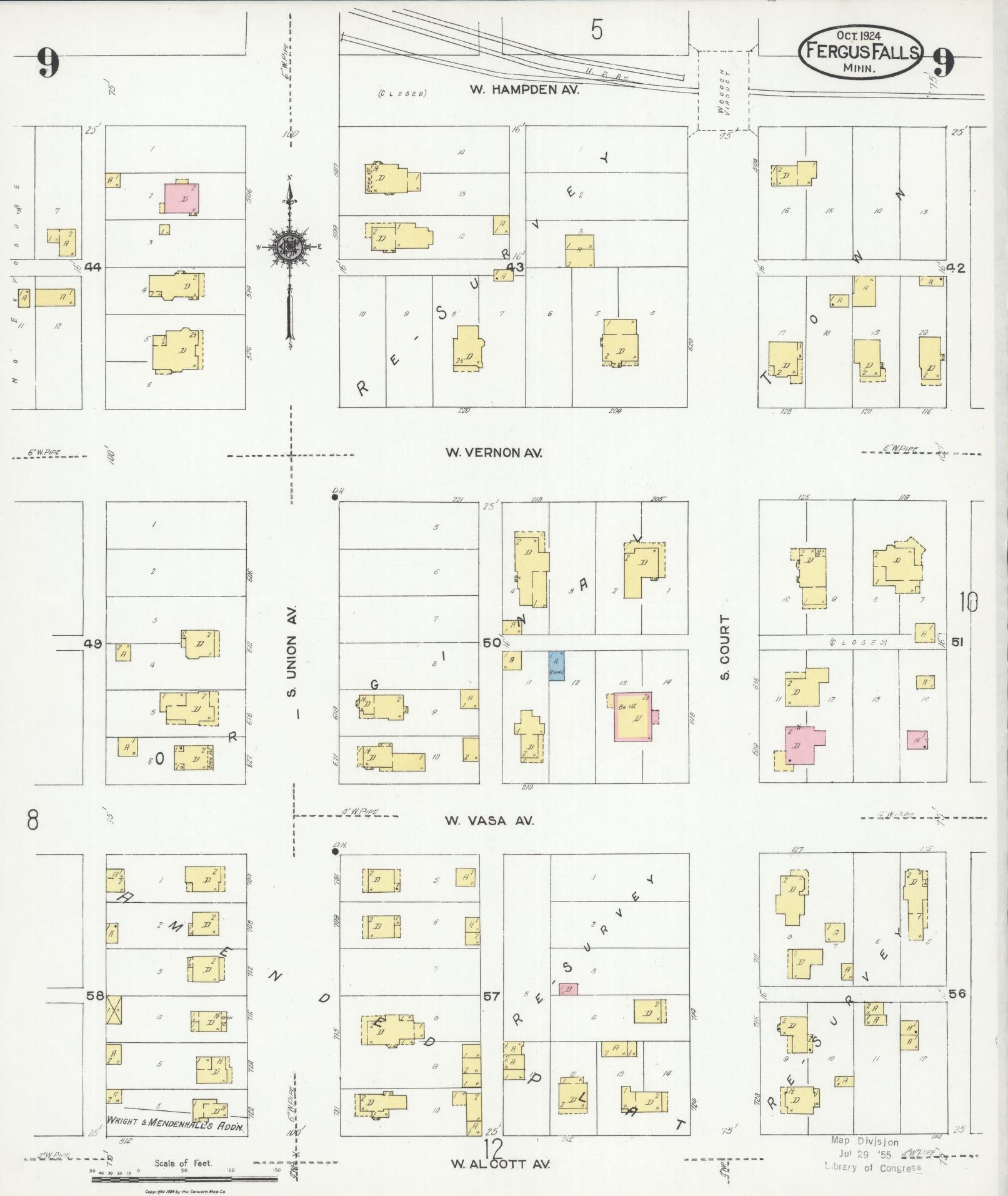 Sanborn Fire Insurance Map from Fergus Falls, Otter Tail County, Minnesota (1924), Sheet #0009 - Historic Sanborn Fire Insurance Map Print, vintage old map wall art, antique decor, genealogy gift, Minnesota Minnesota map