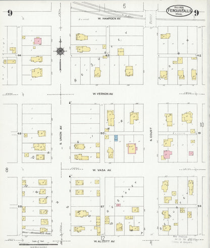 Sanborn Fire Insurance Map from Fergus Falls, Otter Tail County, Minnesota (1924), Sheet #0009 - Historic Sanborn Fire Insurance Map Print, vintage old map wall art, antique decor, genealogy gift, Minnesota Minnesota map