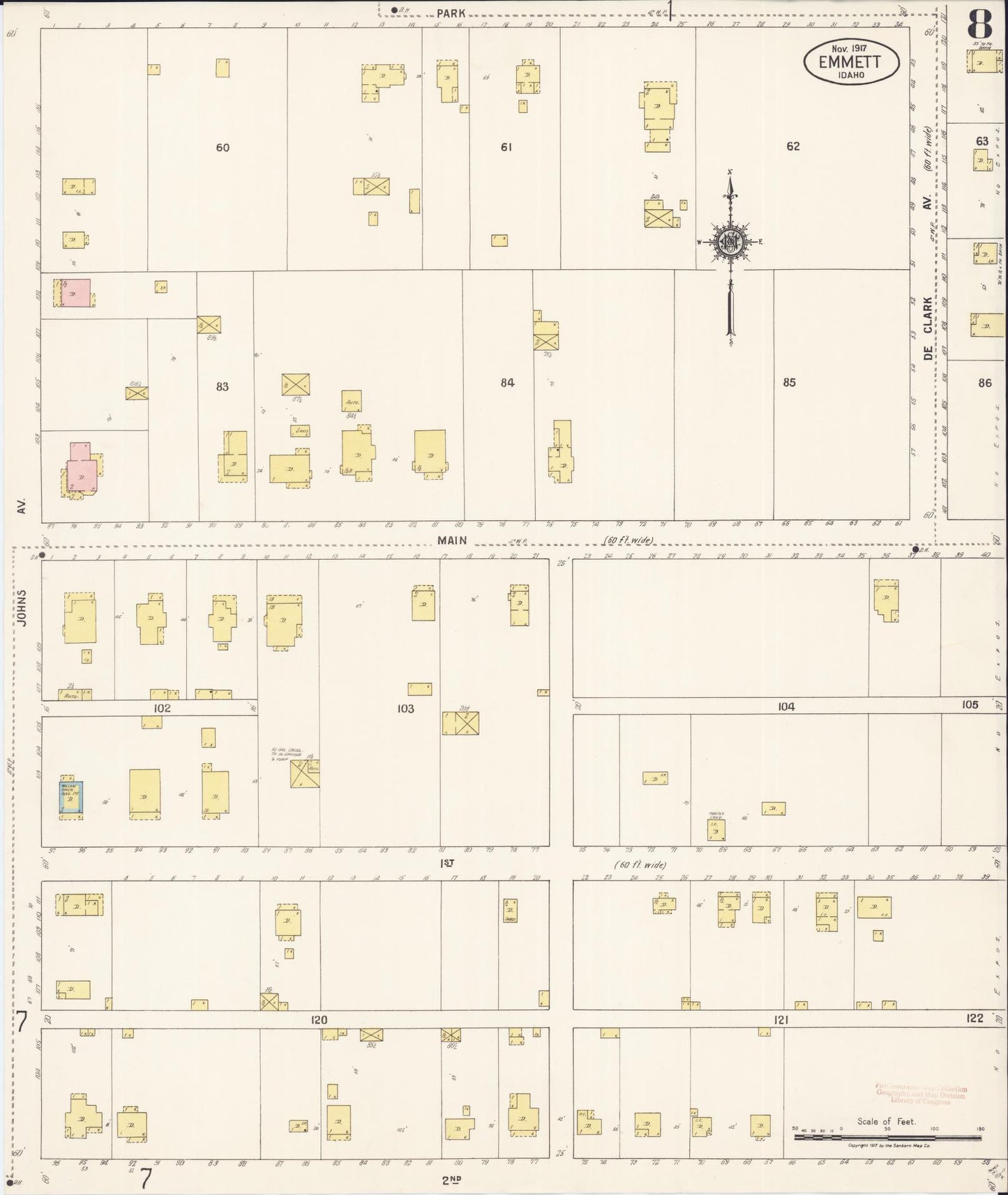 Sanborn Fire Insurance Map from Emmett, Gem County, Idaho (1917), Sheet #0008 - Historic Sanborn Fire Insurance Map Print, vintage old map wall art, antique decor, genealogy gift, Idaho Idaho map