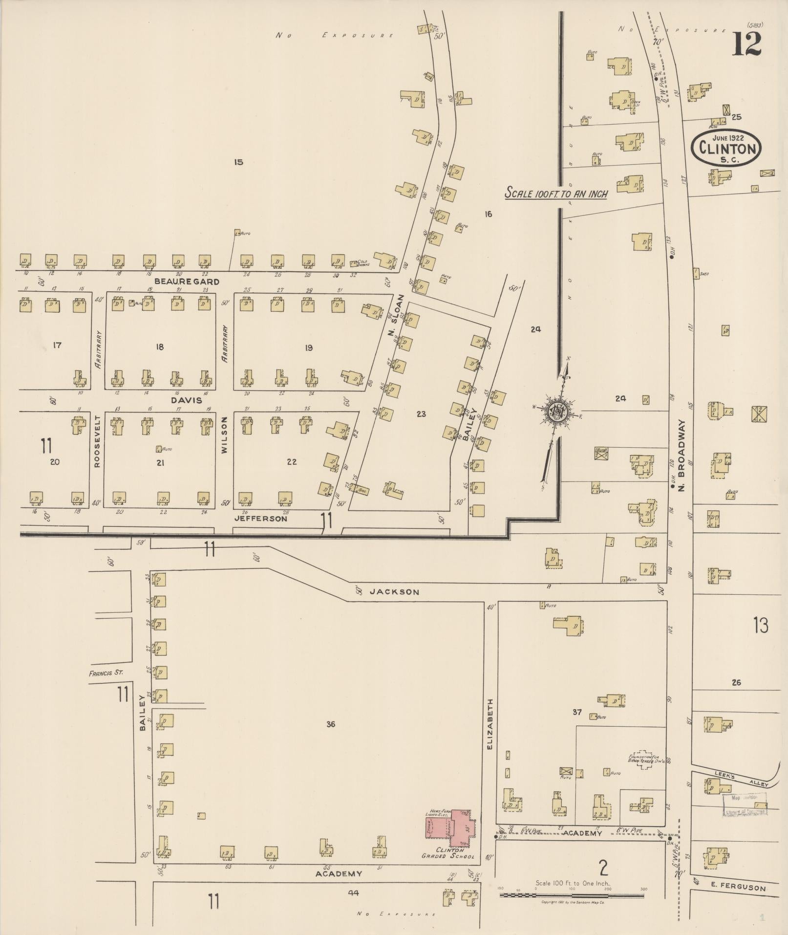 Sanborn Fire Insurance Map from Clinton, Laurens County, South Carolina (1922), Sheet #0012 - Complete Map Set gallery image, historic Sanborn map, vintage wall art, South Carolina South Carolina
