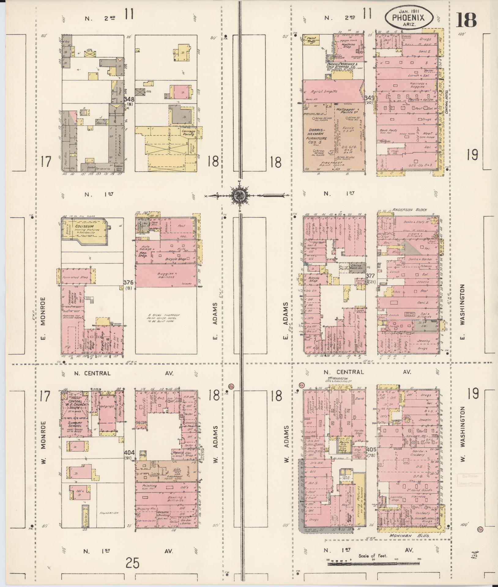 Sanborn Fire Insurance Map from Phoenix, Maricopa County, Arizona (1911), Sheet #0018 - Historic Sanborn Fire Insurance Map Print, vintage old map wall art, antique decor, genealogy gift, Arizona Arizona map