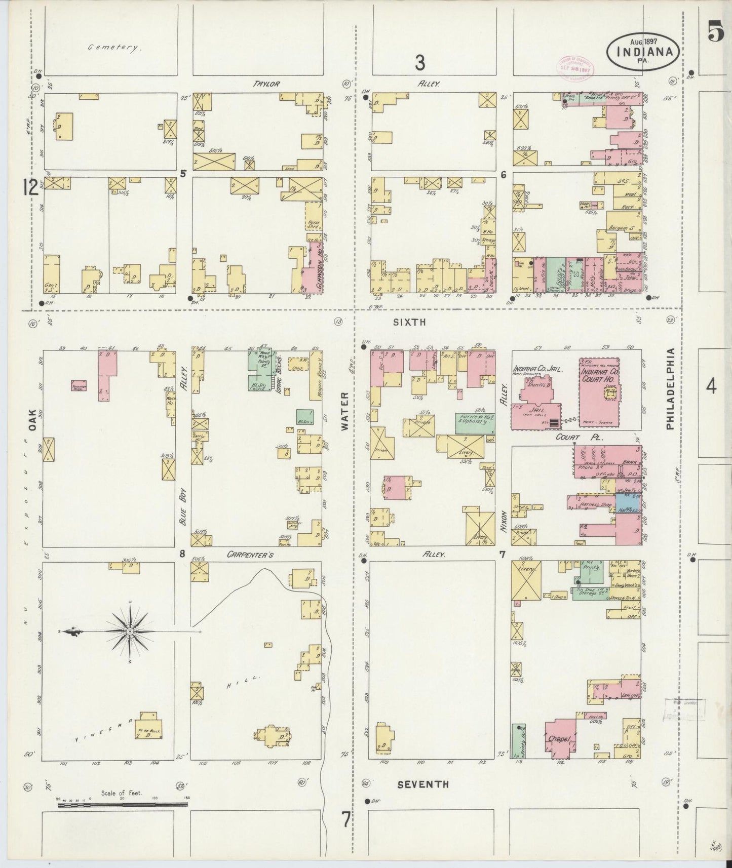 Sanborn Fire Insurance Map from Indiana, Indiana County, Pennsylvania (1888), Sheet #0005 - Historic Sanborn Fire Insurance Map Print, vintage old map wall art, antique decor, genealogy gift, Sanborn Fire Insurance Map from Indiana Indiana map