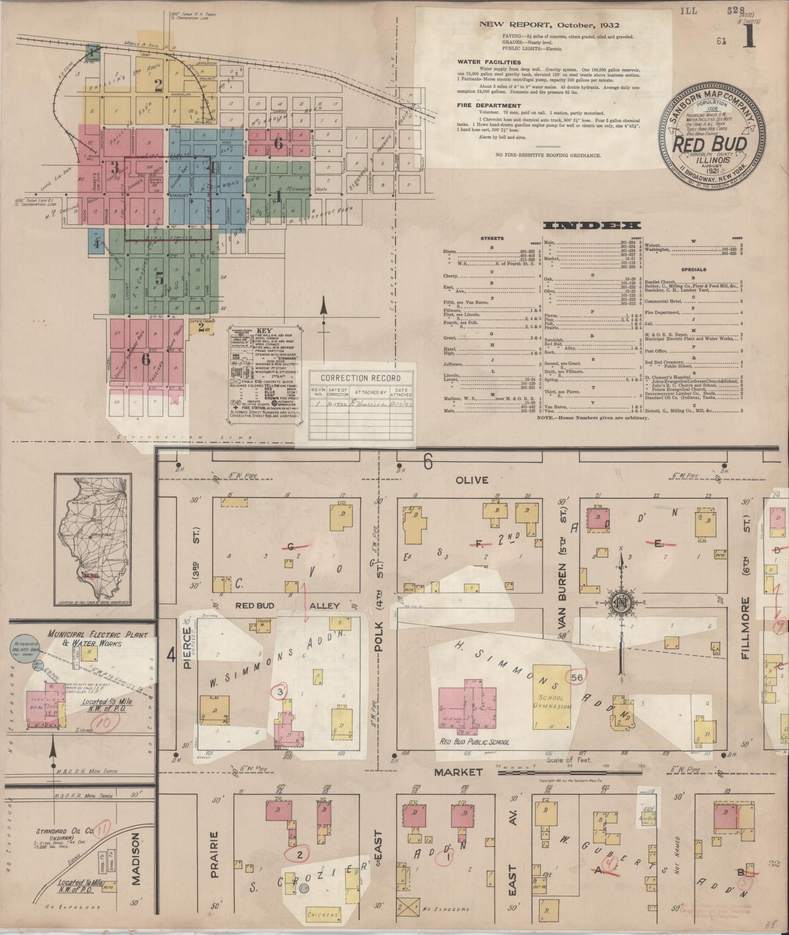 Sanborn Fire Insurance Map from Red Bud, Randolph County, Illinois (1932), Sheet #0001 - Complete Map Set gallery image, historic Sanborn map, vintage wall art, Illinois Illinois