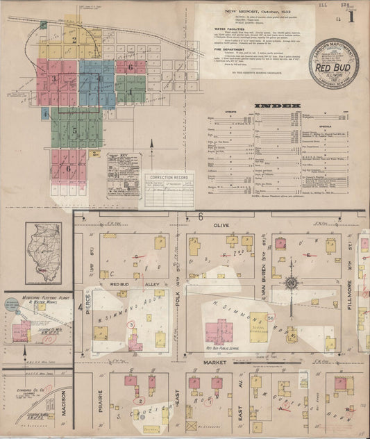 Sanborn Fire Insurance Map from Red Bud, Randolph County, Illinois (1932), Sheet #0001 - Complete Map Set gallery image, historic Sanborn map, vintage wall art, Illinois Illinois