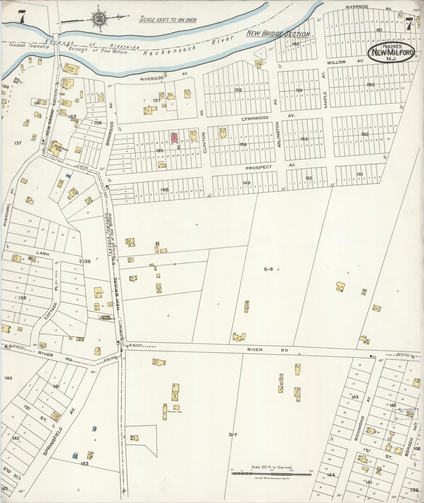 Sanborn Fire Insurance Map from New Milford, Bergen County, New Jersey (1923), Sheet #0007 - Historic Sanborn Fire Insurance Map Print, vintage old map wall art, antique decor, genealogy gift, New Jersey New Jersey map