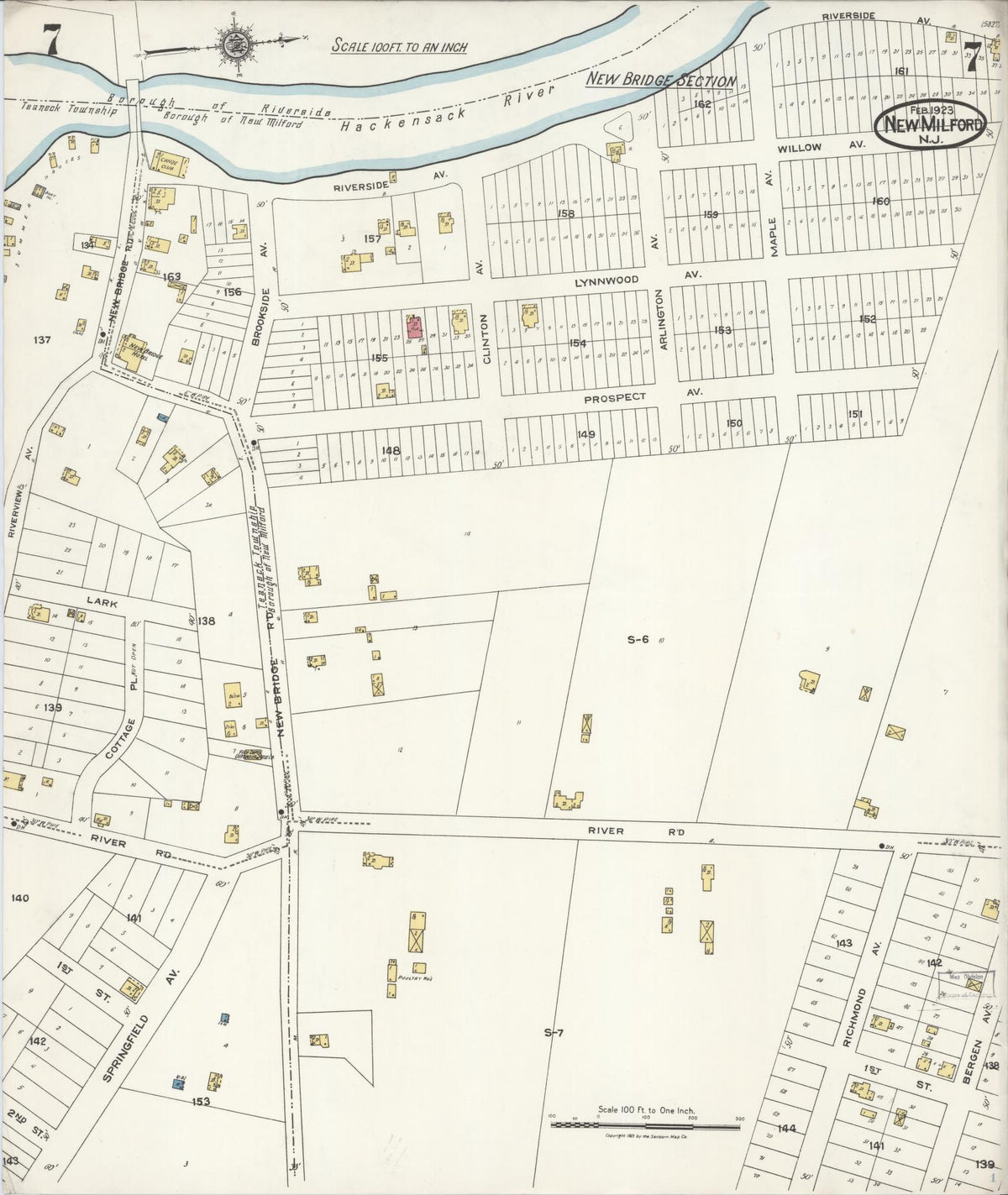 Sanborn Fire Insurance Map from New Milford, Bergen County, New Jersey (1923), Sheet #0007 - Historic Sanborn Fire Insurance Map Print, vintage old map wall art, antique decor, genealogy gift, New Jersey New Jersey map