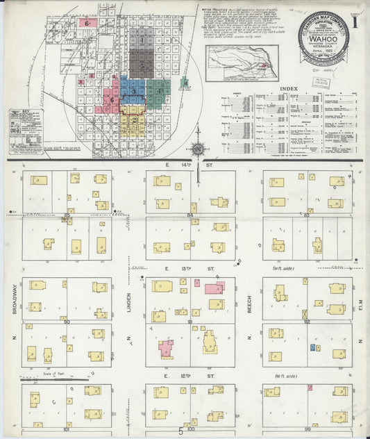 Sanborn Fire Insurance Map from Wahoo, Saunders County, Nebraska (1923), Sheet #0001 - Complete Map Set gallery image, historic Sanborn map, vintage wall art, Nebraska Nebraska