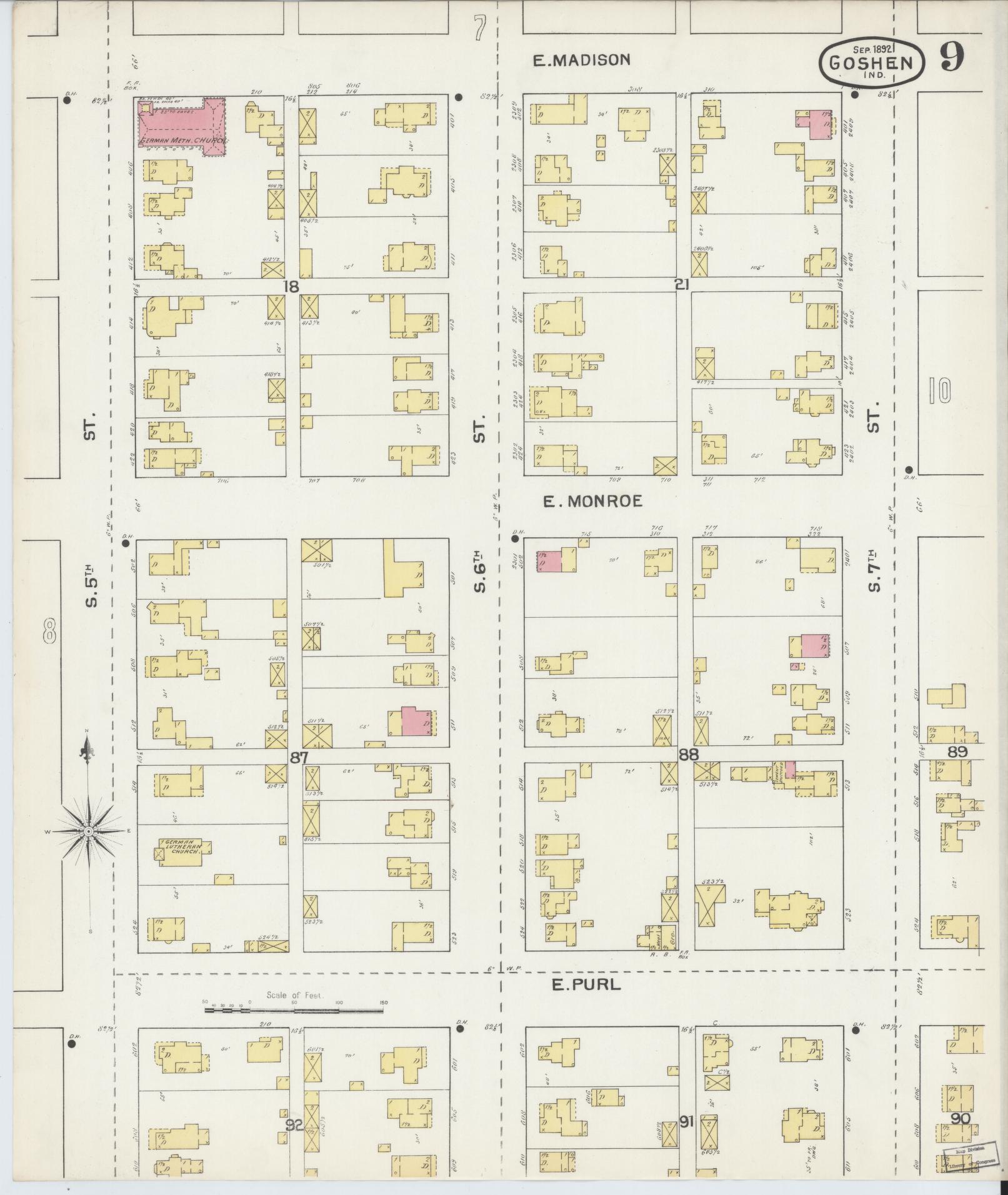 Sanborn Fire Insurance Map from Goshen, Elkhart County, Indiana (1892), Sheet #0009 - Historic Sanborn Fire Insurance Map Print, vintage old map wall art, antique decor, genealogy gift, Indiana Indiana map
