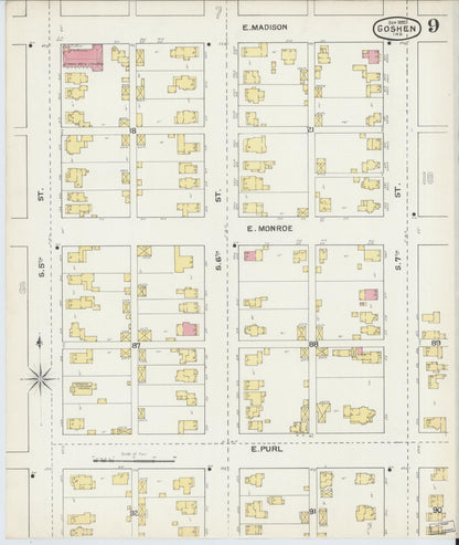 Sanborn Fire Insurance Map from Goshen, Elkhart County, Indiana (1892), Sheet #0009 - Historic Sanborn Fire Insurance Map Print, vintage old map wall art, antique decor, genealogy gift, Indiana Indiana map