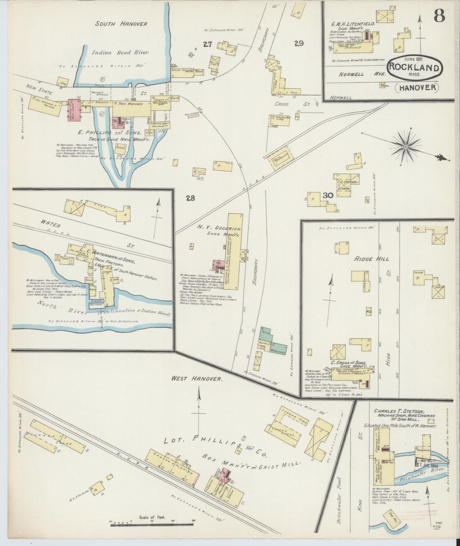 Sanborn Fire Insurance Map from Rockland, Plymouth County, Massachusetts (1891), Sheet #0008 - Complete Map Set gallery image, historic Sanborn map, vintage wall art, Massachusetts Massachusetts