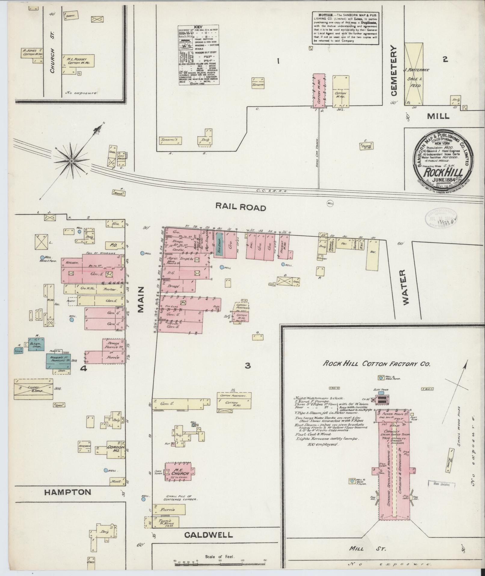 Sanborn Fire Insurance Map from Rock Hill, York County, South Carolina (1884), Sheet #0001 - Historic Sanborn Fire Insurance Map Print, vintage old map wall art, antique decor, genealogy gift, South Carolina South Carolina map