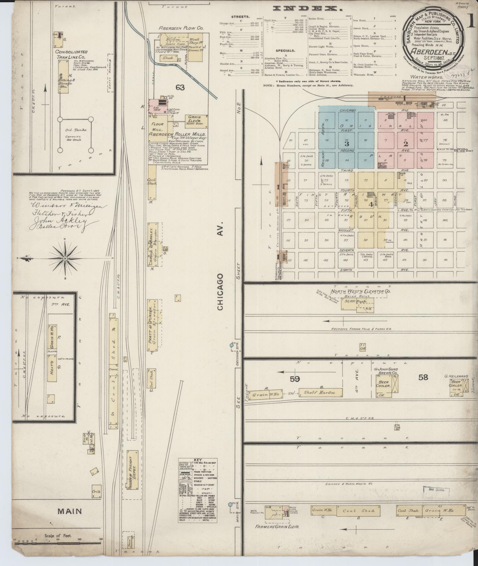Sanborn Fire Insurance Map from Aberdeen, Brown County, South Dakota (1887), Sheet #0001 - Complete Map Set gallery image, historic Sanborn map, vintage wall art, South Dakota South Dakota