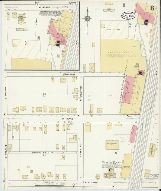 Sanborn Fire Insurance Map from Canton, Madison County, Mississippi (1916), Sheet #0008 - Historic Sanborn Fire Insurance Map Print, vintage old map wall art, antique decor, genealogy gift, Mississippi Mississippi map