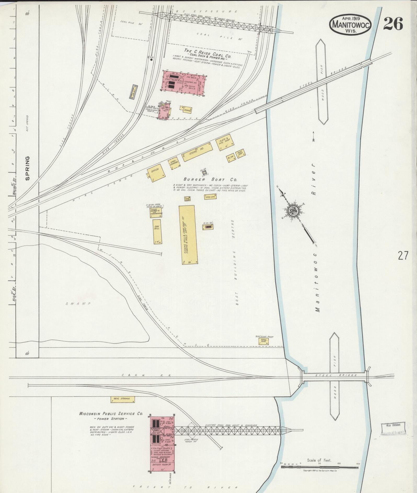 Sanborn Fire Insurance Map from Manitowoc, Manitowoc County, Wisconsin (1919), Sheet #0026 - Historic Sanborn Fire Insurance Map Print, vintage old map wall art, antique decor, genealogy gift, Wisconsin Wisconsin map
