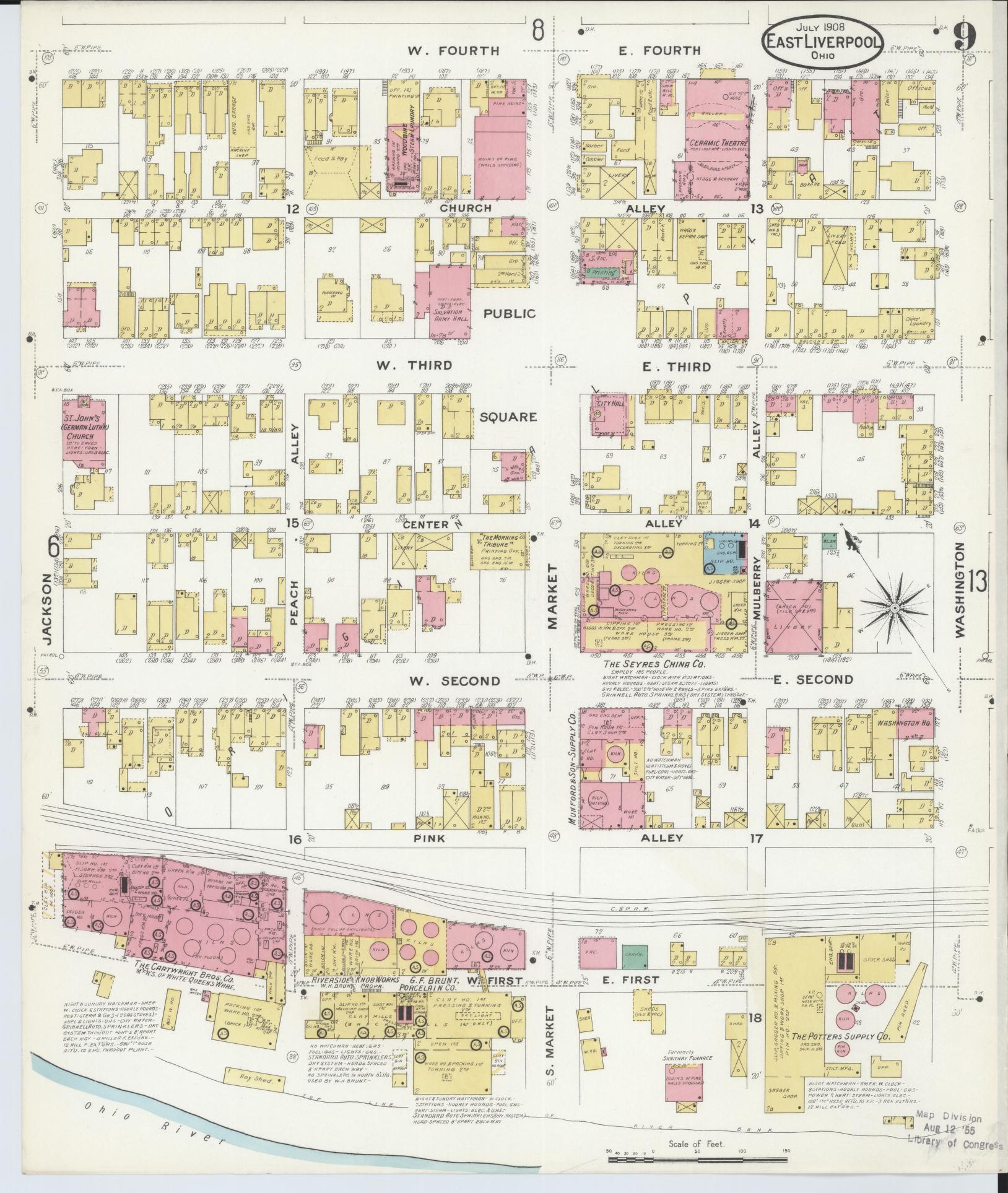 Sanborn Fire Insurance Map from East Liverpool, Columbiana County, Ohio (1908), Sheet #0009 - Historic Sanborn Fire Insurance Map Print, vintage old map wall art, antique decor, genealogy gift, Ohio Ohio map