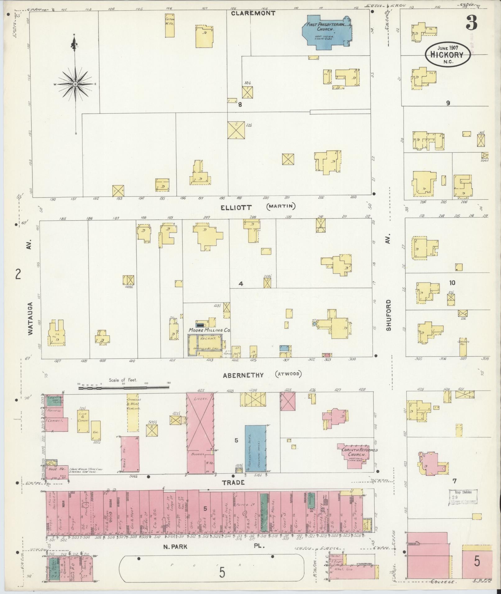 Sanborn Fire Insurance Map from Hickory, Catawba County, North Carolina (1907), Sheet #0003 - Historic Sanborn Fire Insurance Map Print, vintage old map wall art, antique decor, genealogy gift, North Carolina North Carolina map