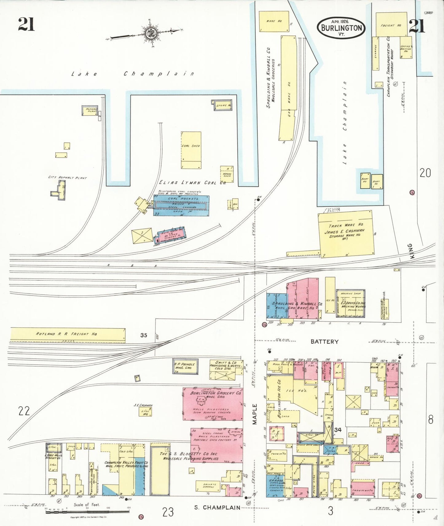 Sanborn Fire Insurance Map from Burlington, Chittenden County, Vermont (1926), Sheet #0021 - Historic Sanborn Fire Insurance Map Print, vintage old map wall art, antique decor, genealogy gift, Vermont Vermont map