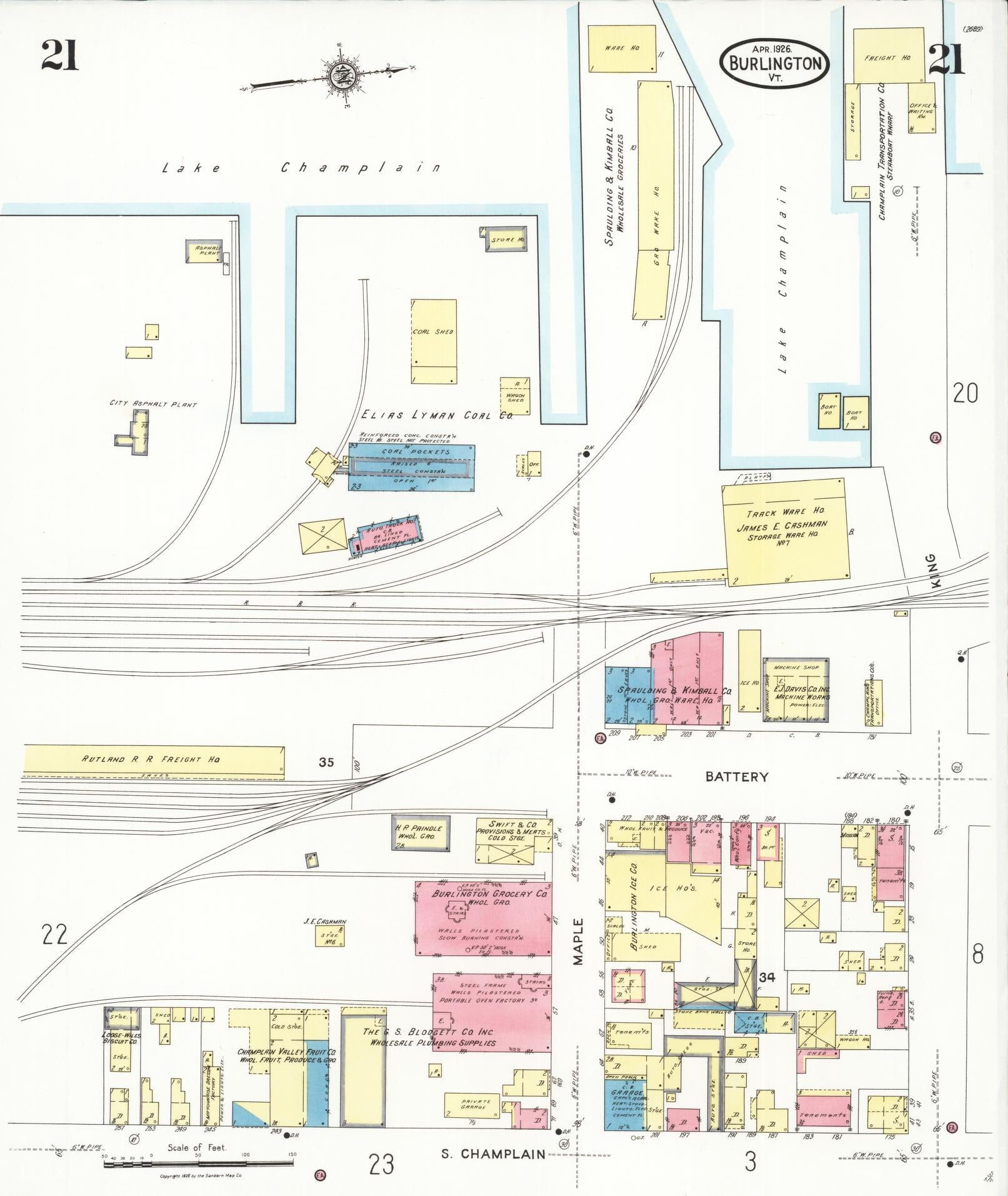 Sanborn Fire Insurance Map from Burlington, Chittenden County, Vermont (1926), Sheet #0021 - Historic Sanborn Fire Insurance Map Print, vintage old map wall art, antique decor, genealogy gift, Vermont Vermont map