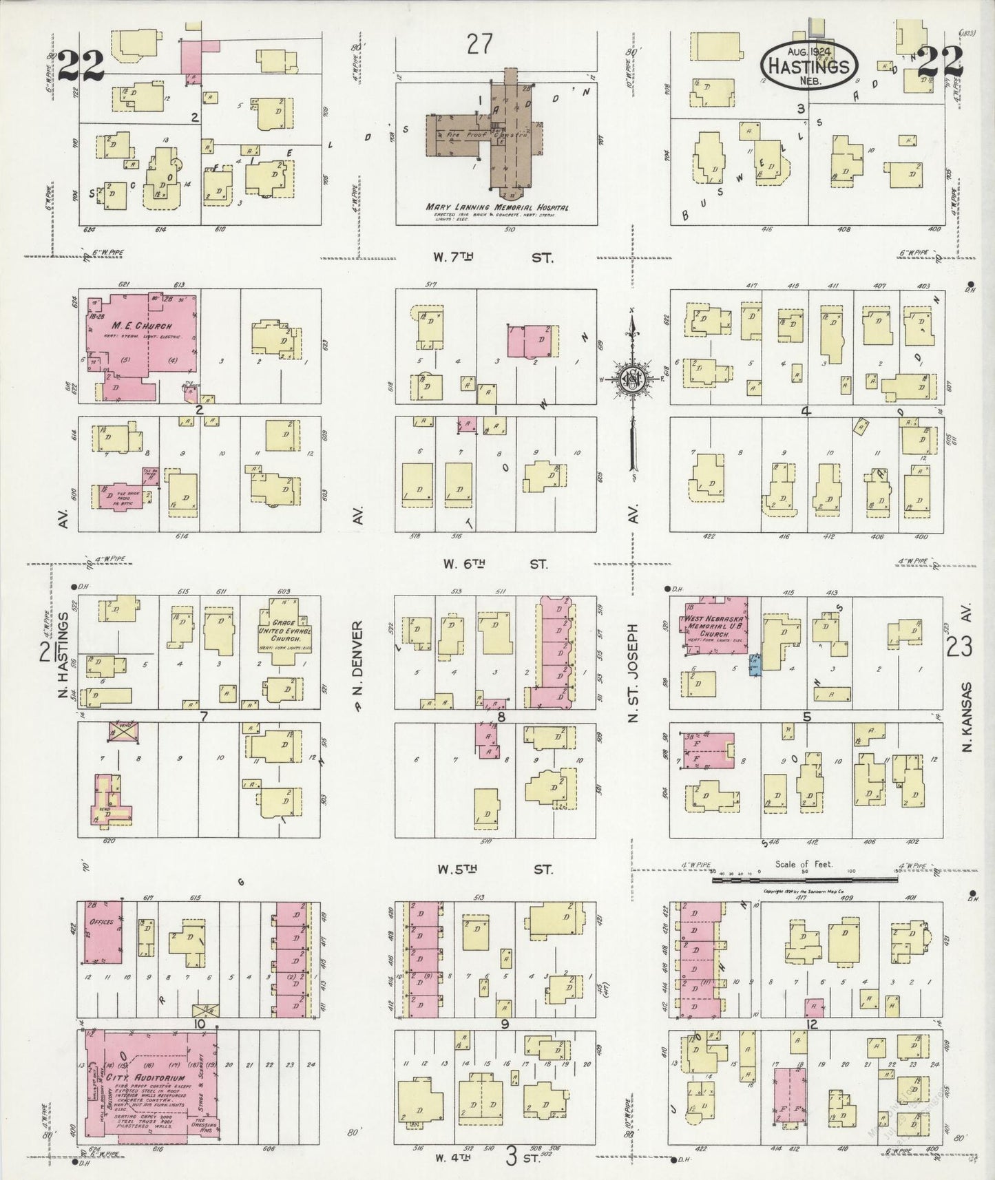 Sanborn Fire Insurance Map from Hastings, Adams County, Nebraska (1924), Sheet #0022 - Complete Map Set gallery image, historic Sanborn map, vintage wall art, Nebraska Nebraska