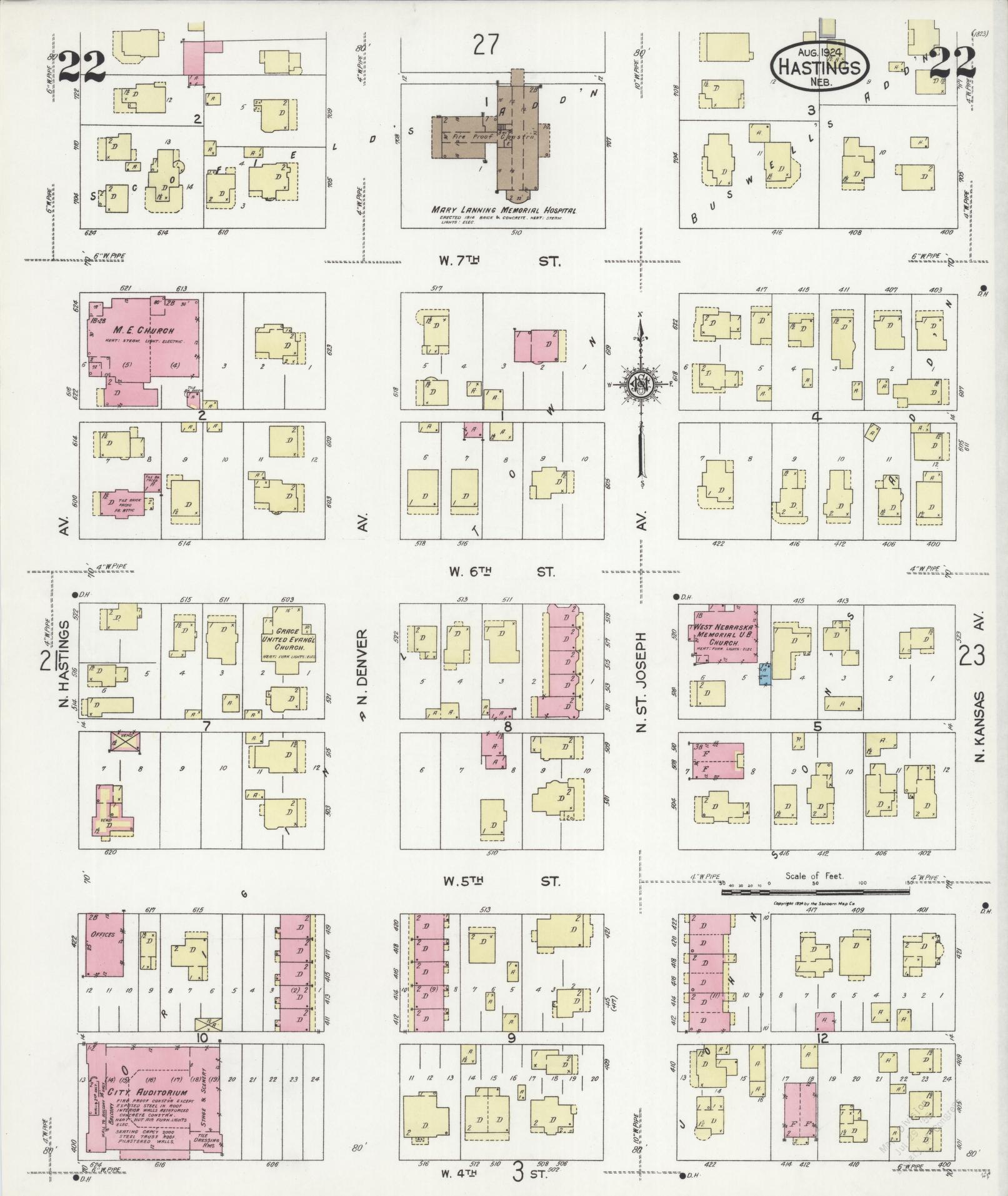 Sanborn Fire Insurance Map from Hastings, Adams County, Nebraska (1924), Sheet #0022 - Complete Map Set gallery image, historic Sanborn map, vintage wall art, Nebraska Nebraska