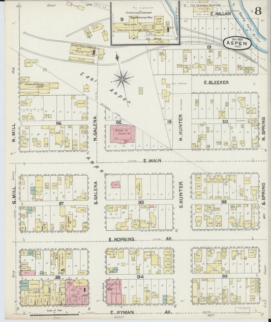 Sanborn Fire Insurance Map from Aspen, Pitkin County, Colorado (1890), Sheet #0008 - Historic Sanborn Fire Insurance Map Print, vintage old map wall art, antique decor, genealogy gift, Colorado Colorado map