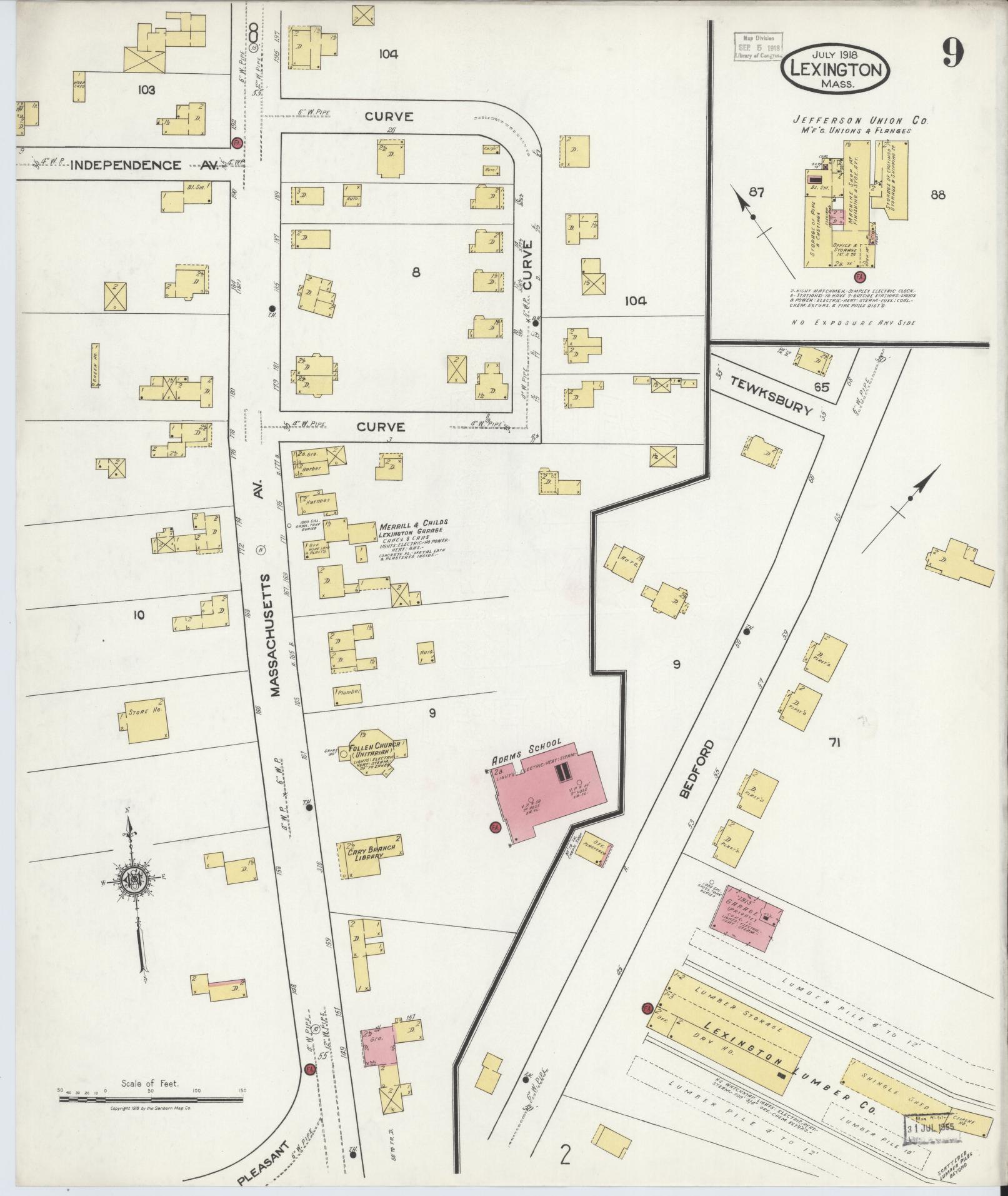 Sanborn Fire Insurance Map from Lexington, Middlesex County, Massachusetts (1918), Sheet #0009 - Historic Sanborn Fire Insurance Map Print, vintage old map wall art, antique decor, genealogy gift, Massachusetts Massachusetts map
