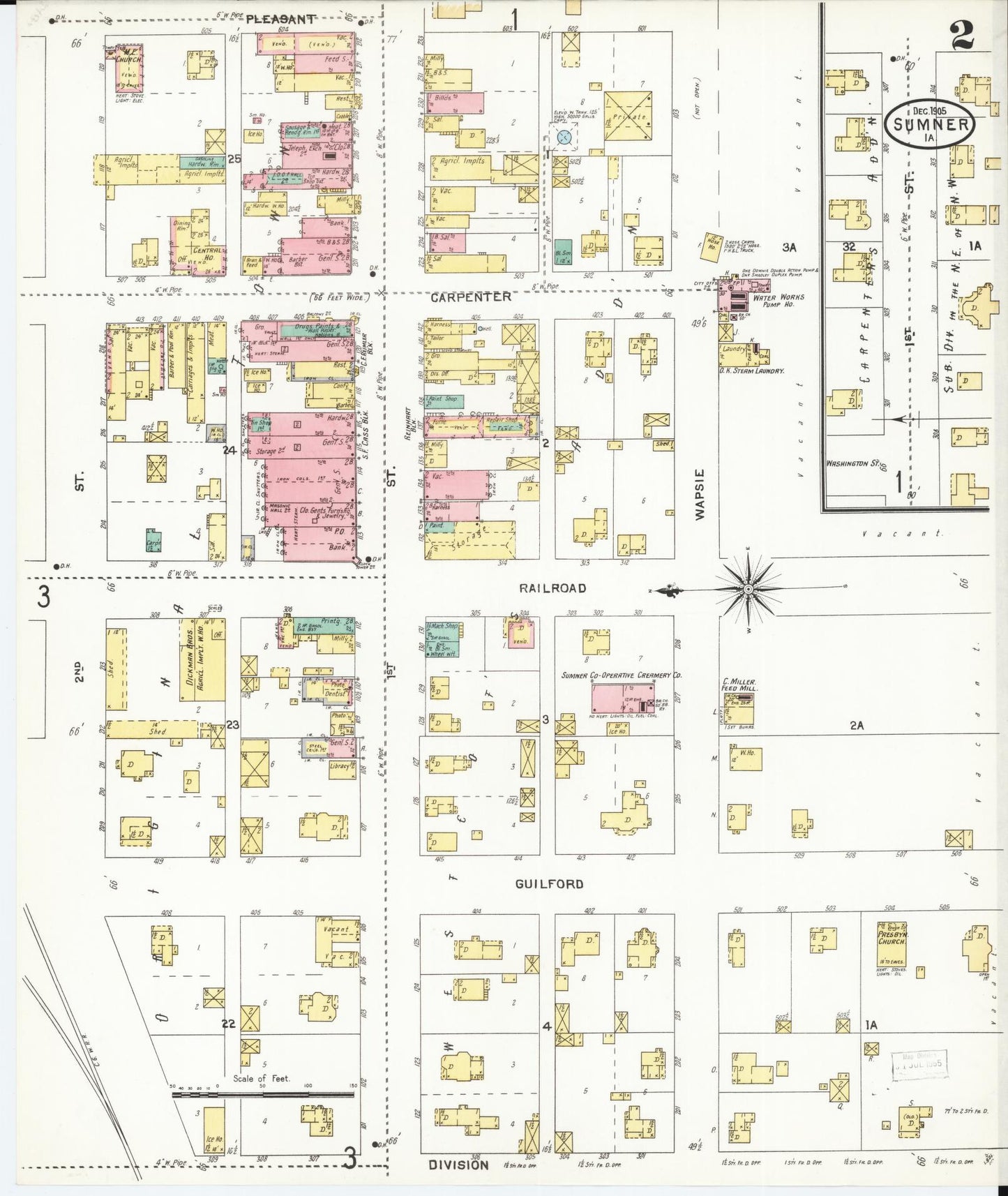 Sanborn Fire Insurance Map from Sumner, Bremer County, Iowa (1905), Sheet #0002 - Historic Sanborn Fire Insurance Map Print, vintage old map wall art