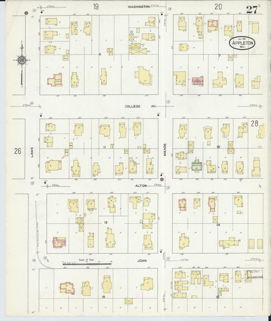Sanborn Fire Insurance Map from Appleton, Outagamie County, Wisconsin (1911), Sheet #0027 - Historic Sanborn Fire Insurance Map Print, vintage old map wall art, antique decor, genealogy gift, Wisconsin Wisconsin map