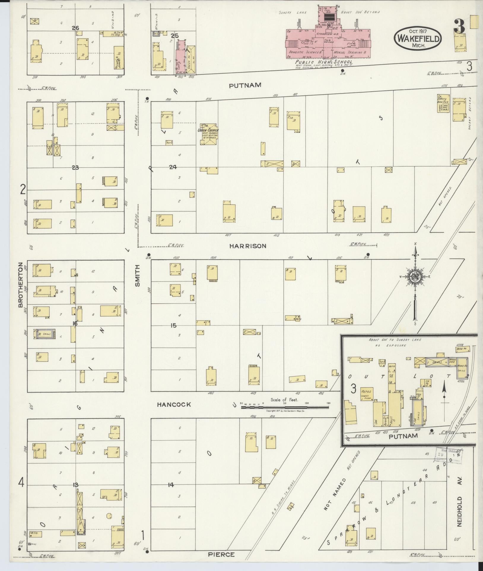 Sanborn Fire Insurance Map from Wakefield, Gogebic County, Michigan (1917), Sheet #0003 - Historic Sanborn Fire Insurance Map Print, vintage old map wall art, antique decor, genealogy gift, Michigan Michigan map