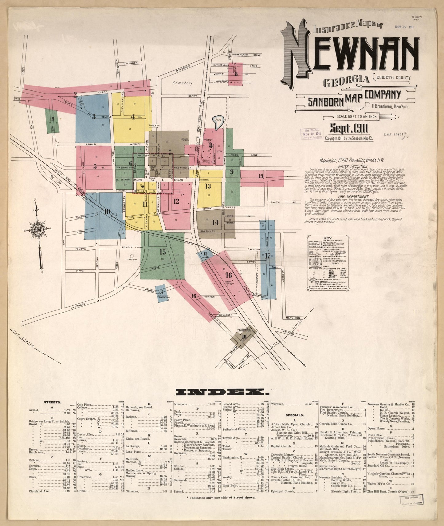 Sanborn Fire Insurance Map from Newnan, Coweta County, Georgia (1911), Sheet #0001 - Historic Sanborn Fire Insurance Map Print, vintage old map wall art, antique decor, genealogy gift, Georgia Georgia map
