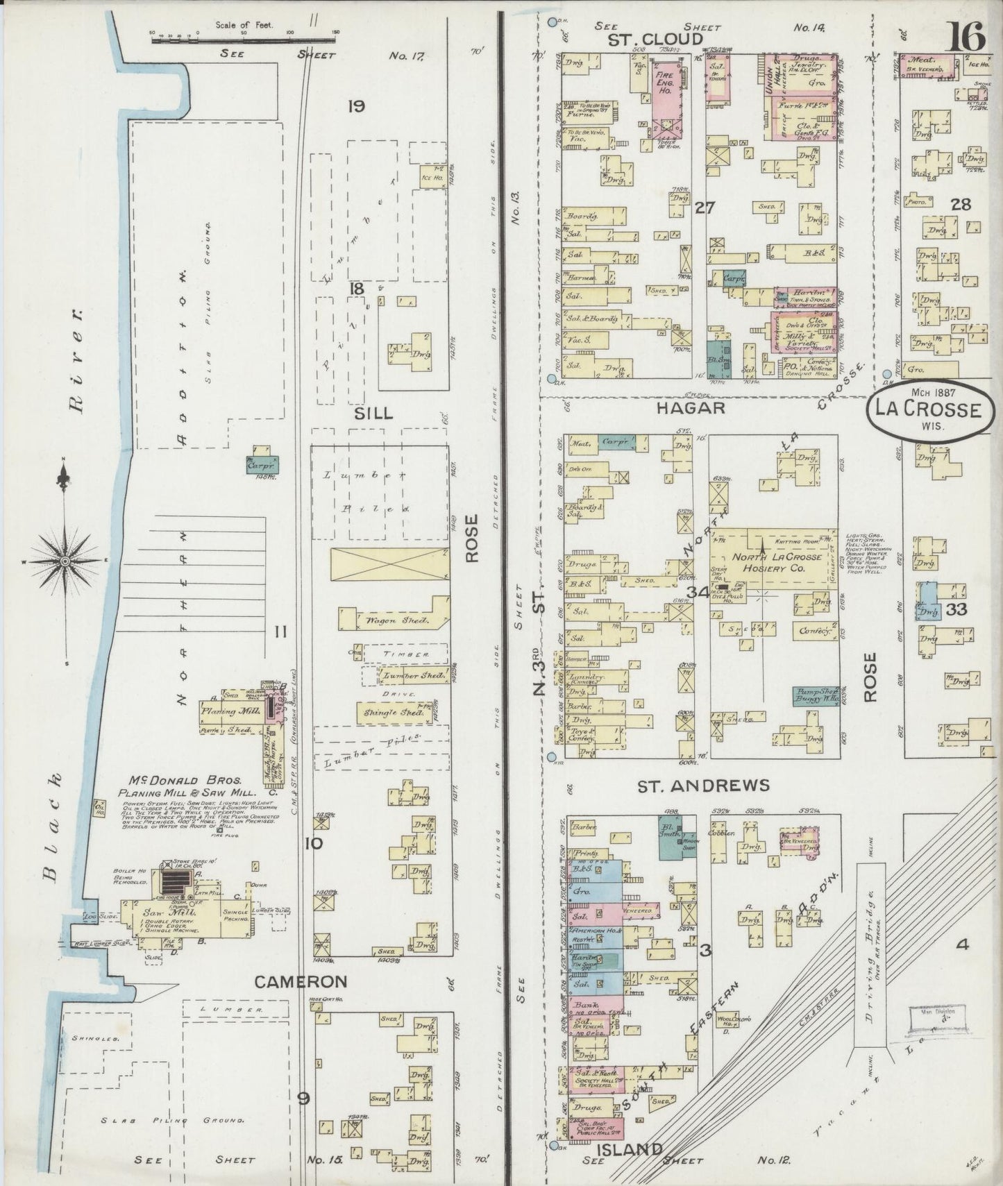 Sanborn Fire Insurance Map from La Crosse, La Crosse County, Wisconsin (1887), Sheet #0016 - Historic Sanborn Fire Insurance Map Print, vintage old map wall art, antique decor, genealogy gift, Wisconsin Wisconsin map