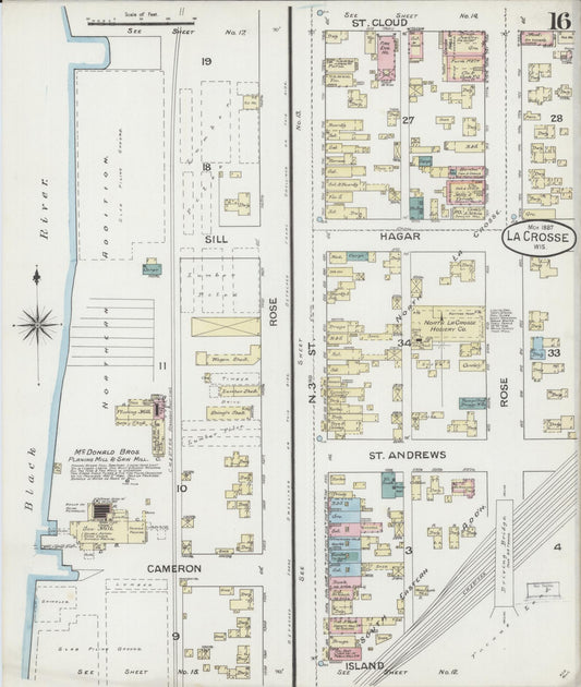 Sanborn Fire Insurance Map from La Crosse, La Crosse County, Wisconsin (1887), Sheet #0016 - Historic Sanborn Fire Insurance Map Print, vintage old map wall art, antique decor, genealogy gift, Wisconsin Wisconsin map
