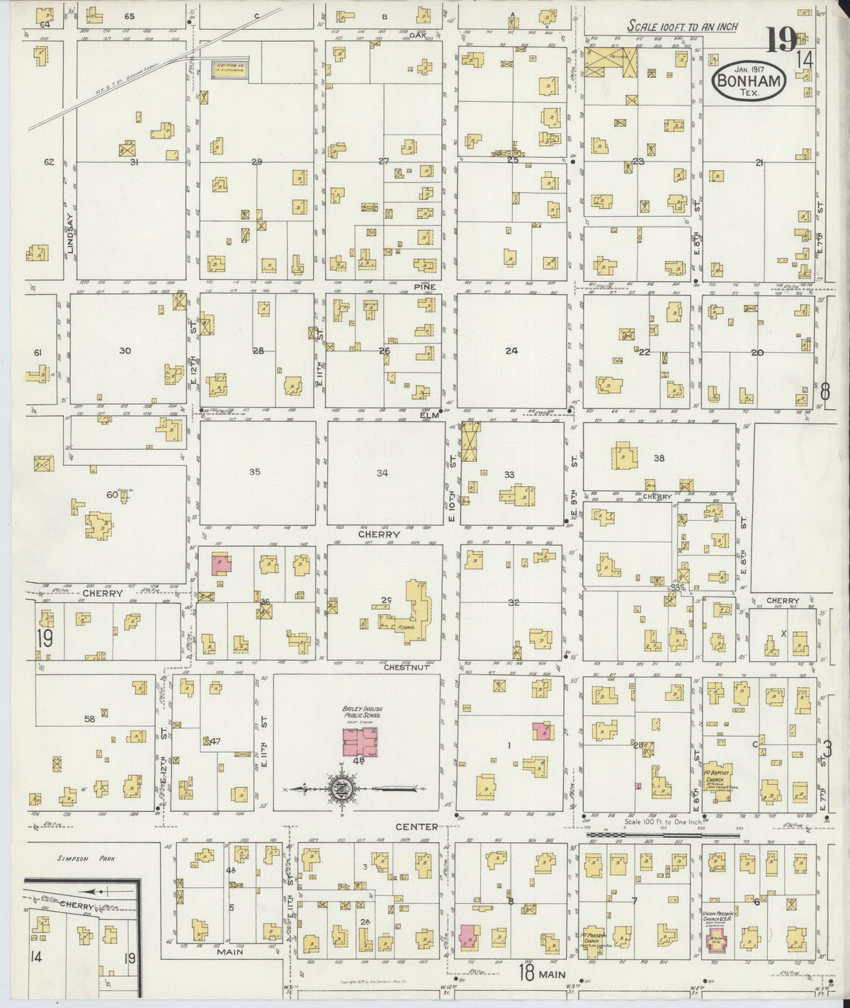 Sanborn Fire Insurance Map from Bonham, Fannin County, Texas (1917), Sheet #0019 - Complete Map Set gallery image, historic Sanborn map, vintage wall art, Texas Texas