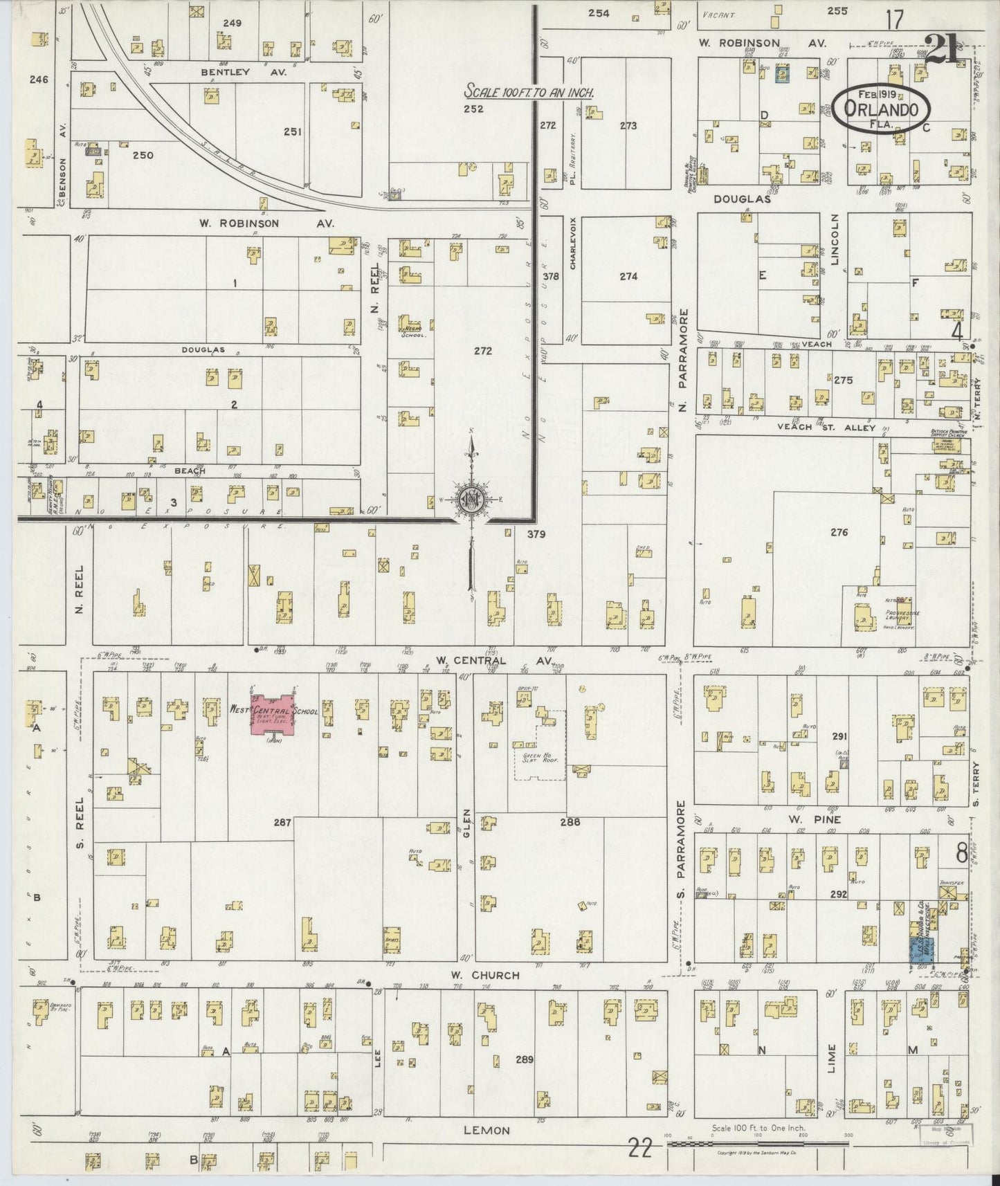 Sanborn Fire Insurance Map from Orlando, Orange County, Florida (1919), Sheet #0021 - Complete Map Set gallery image, historic Sanborn map, vintage wall art, Florida Florida