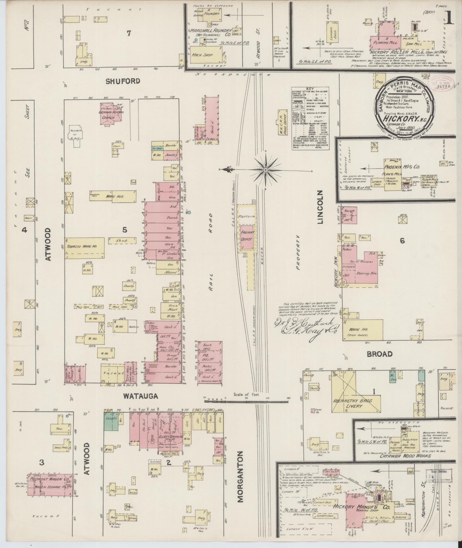 Sanborn Fire Insurance Map from Hickory, Catawba County, North Carolina (1890), Sheet #0001 - Historic Sanborn Fire Insurance Map Print, vintage old map wall art, antique decor, genealogy gift, North Carolina North Carolina map