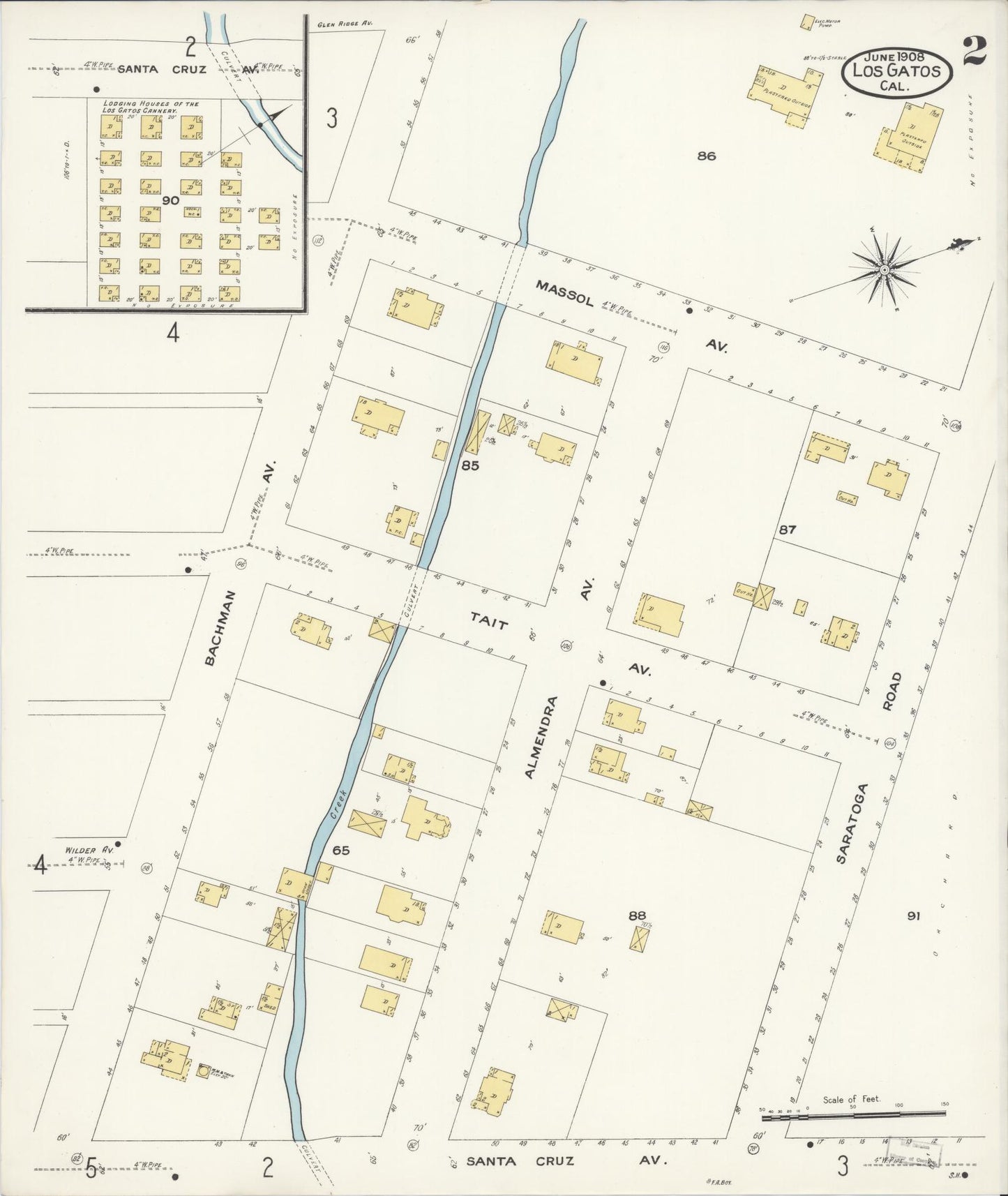 Sanborn Fire Insurance Map from Los Gatos, Santa Clara County, California (1908), Sheet #0002 - Historic Sanborn Fire Insurance Map Print, vintage old map wall art, antique decor, genealogy gift, California California map