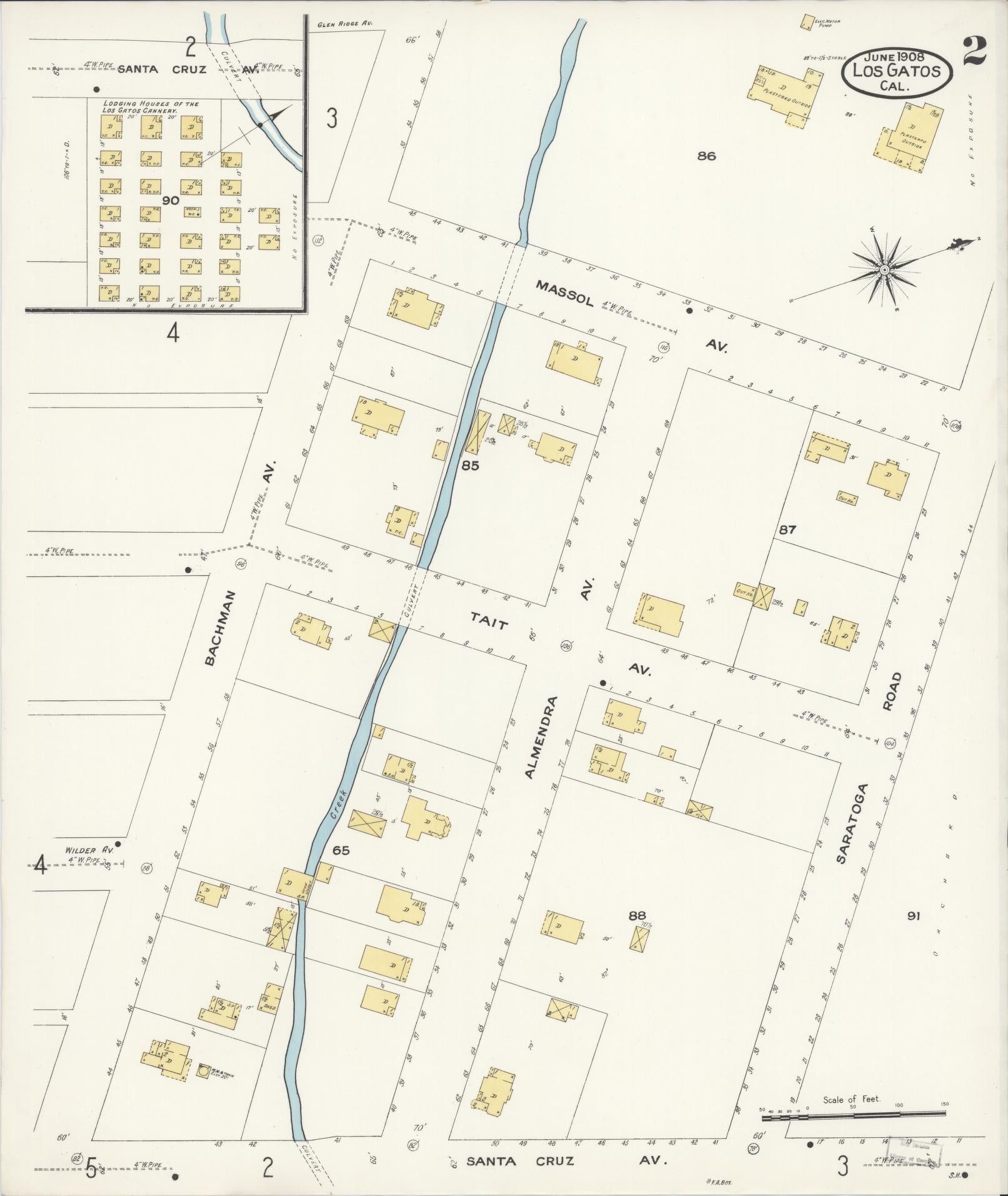 Sanborn Fire Insurance Map from Los Gatos, Santa Clara County, California (1908), Sheet #0002 - Historic Sanborn Fire Insurance Map Print, vintage old map wall art, antique decor, genealogy gift, California California map