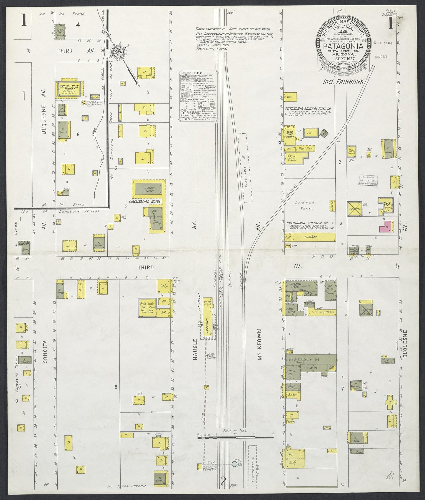 Sanborn Fire Insurance Map from Patagonia, Santa Cruz County, Arizona (1927), Sheet #0001 - Complete Map Set gallery image, historic Sanborn map, vintage wall art, Arizona Arizona