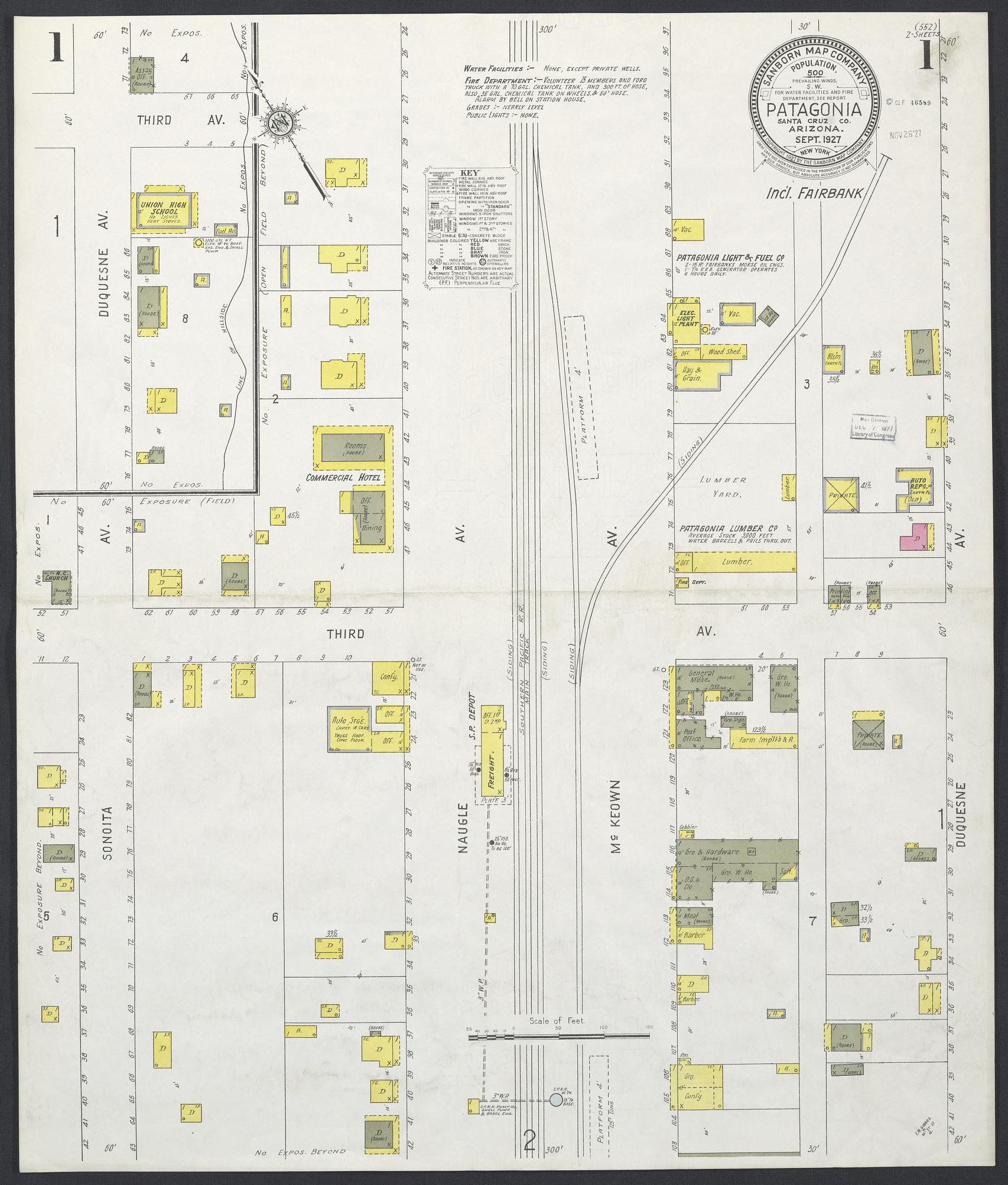 Sanborn Fire Insurance Map from Patagonia, Santa Cruz County, Arizona (1927), Sheet #0001 - Complete Map Set gallery image, historic Sanborn map, vintage wall art, Arizona Arizona