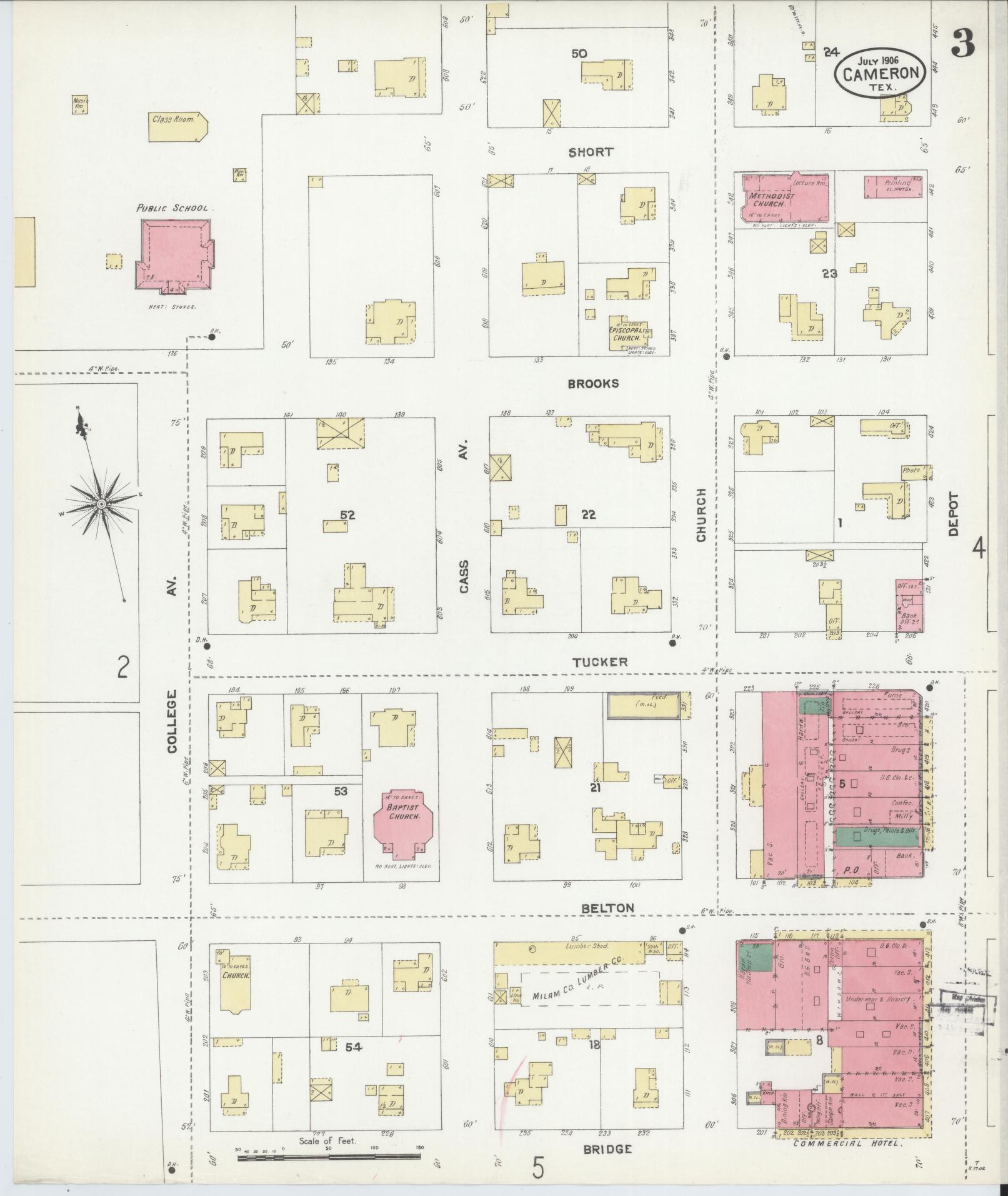 Sanborn Fire Insurance Map from Cameron, Milam County, Texas (1906), Sheet #0003 - Complete Map Set gallery image, historic Sanborn map, vintage wall art, Texas Texas