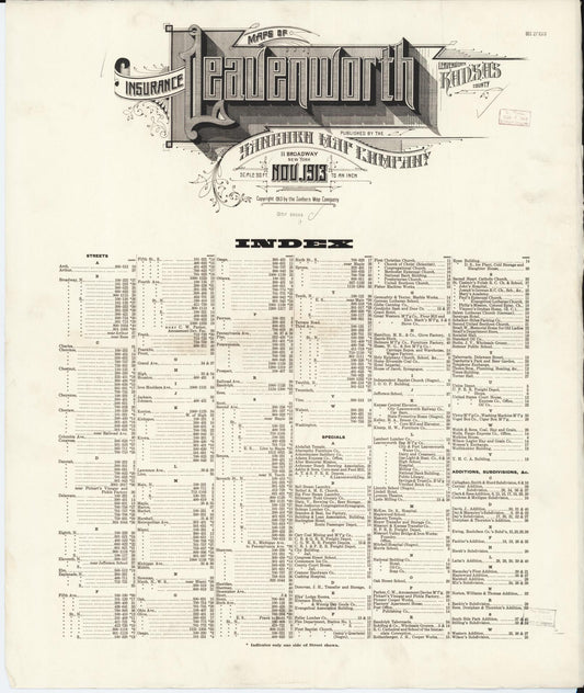 Sanborn Fire Insurance Map from Leavenworth, Leavenworth County, Kansas (1913), Sheet #0001 - Historic Sanborn Fire Insurance Map Print, vintage old map wall art, antique decor, genealogy gift, Kansas Kansas map