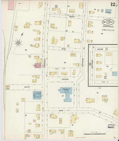 Sanborn Fire Insurance Map from Milford, Worcester County, Massachusetts (1897), Sheet #0012 - Historic Sanborn Fire Insurance Map Print, vintage old map wall art, antique decor, genealogy gift, Massachusetts Massachusetts map