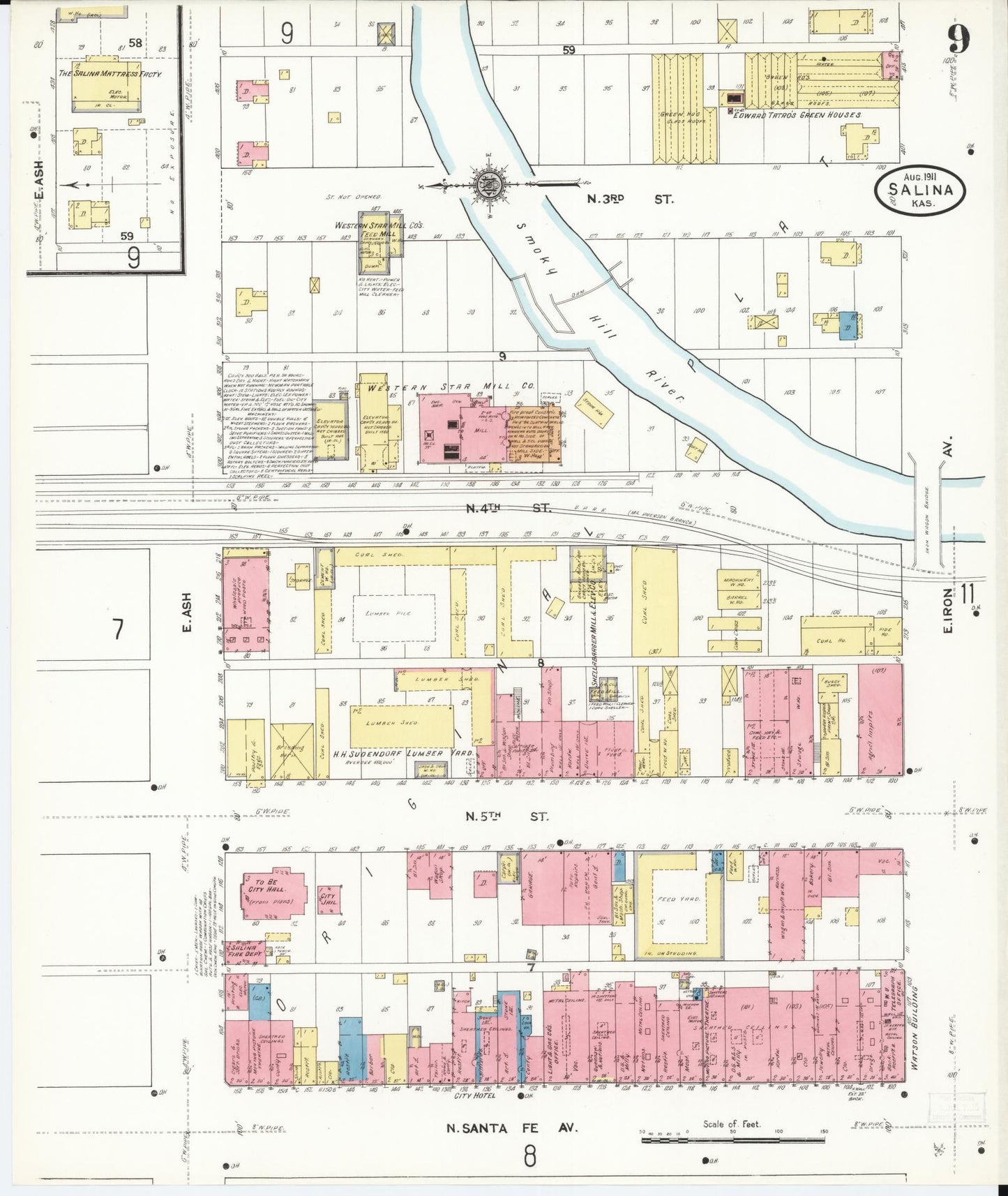 Sanborn Fire Insurance Map from Salina, Saline County, Kansas (1911), Sheet #0009 - Historic Sanborn Fire Insurance Map Print, vintage old map wall art, antique decor, genealogy gift, Kansas Kansas map