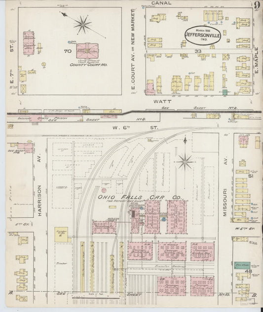 Sanborn Fire Insurance Map from Jeffersonville, Clark County, Indiana (1886), Sheet #0009 - Historic Sanborn Fire Insurance Map Print, vintage old map wall art, antique decor, genealogy gift, Indiana Indiana map