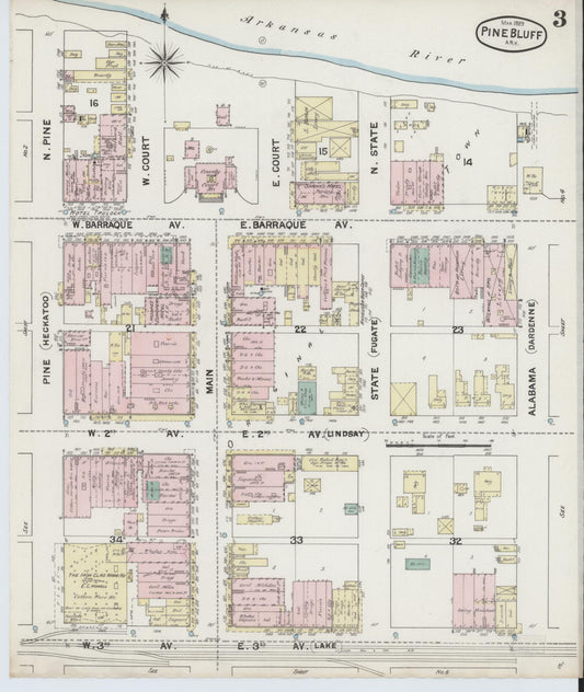 Sanborn Fire Insurance Map from Pine Bluff, Jefferson County, Arkansas (1889), Sheet #0003 - Historic Sanborn Fire Insurance Map Print, vintage old map wall art, antique decor, genealogy gift, Arkansas Arkansas map