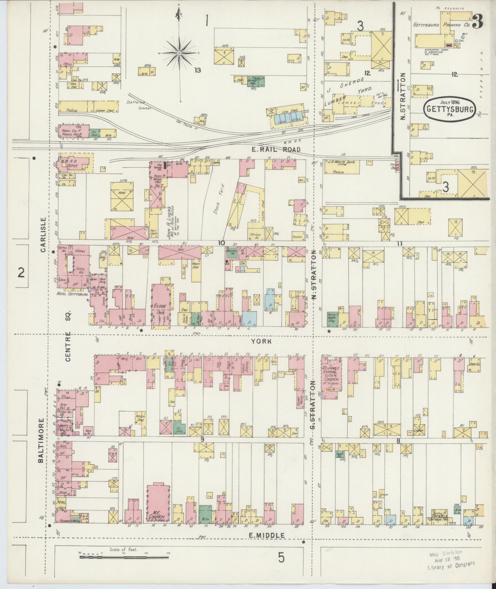 Sanborn Fire Insurance Map from Gettysburg, Adams County, Pennsylvania (1896), Sheet #0003 - Historic Sanborn Fire Insurance Map Print, vintage old map wall art, antique decor, genealogy gift, Pennsylvania Pennsylvania map