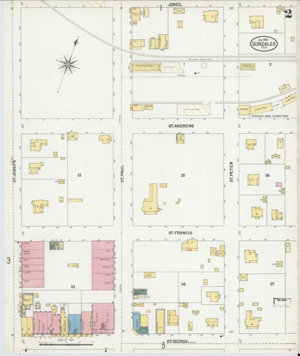 Sanborn Fire Insurance Map from Gonzales, Gonzales County, Texas (1902), Sheet #0002 - Complete Map Set gallery image, historic Sanborn map, vintage wall art, Texas Texas