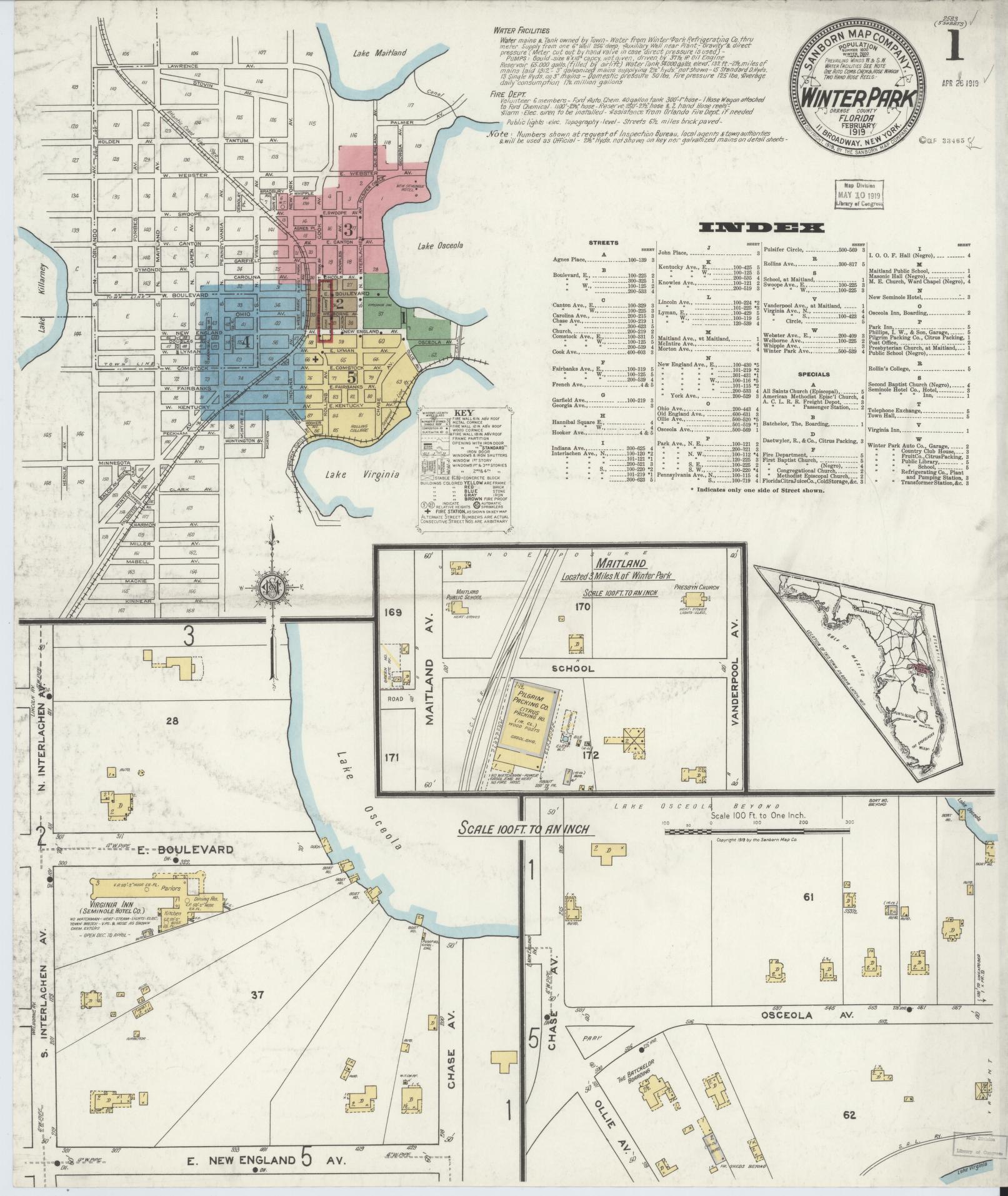 Sanborn Fire Insurance Map from Winter Park, Orange County, Florida (1919), Sheet #0001 - Complete Map Set gallery image, historic Sanborn map, vintage wall art, Florida Florida