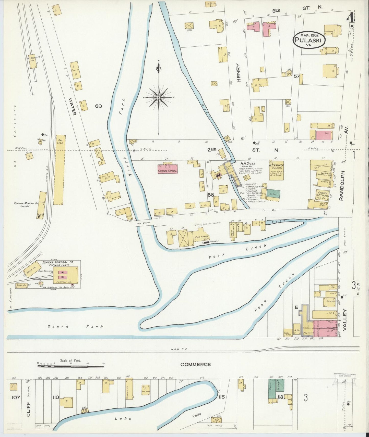 Sanborn Fire Insurance Map from Pulaski, Pulaski County, Virginia (1908), Sheet #0004 - Historic Sanborn Fire Insurance Map Print, vintage old map wall art, antique decor, genealogy gift, Virginia Virginia map